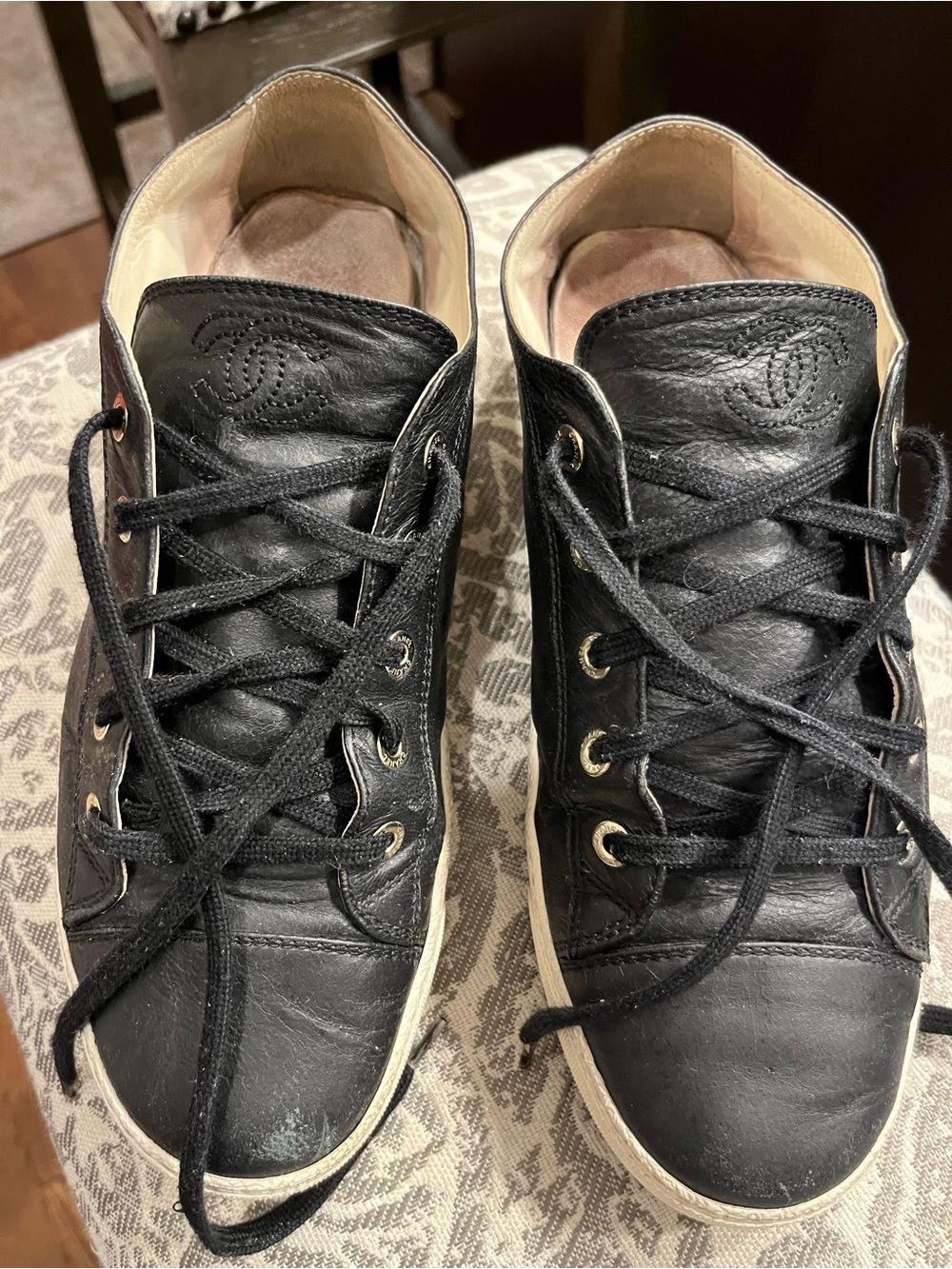 CHANEL Black Leather Lace-Up Sneakers with White Soles